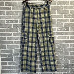 💕 Forever 21 Kick Pants Women Large | Yellow Blue Tartan Plaid Wide-Leg Cargo